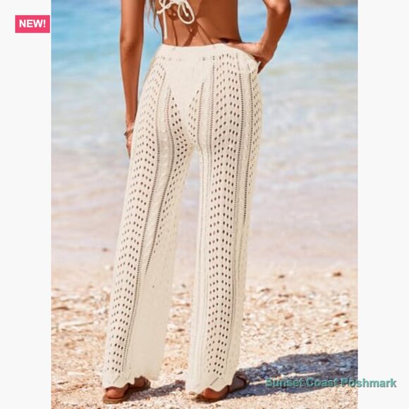 Crochet Mesh Knit Beach Cover Up Pants High Waist Drawstring - Picture 4 of 7